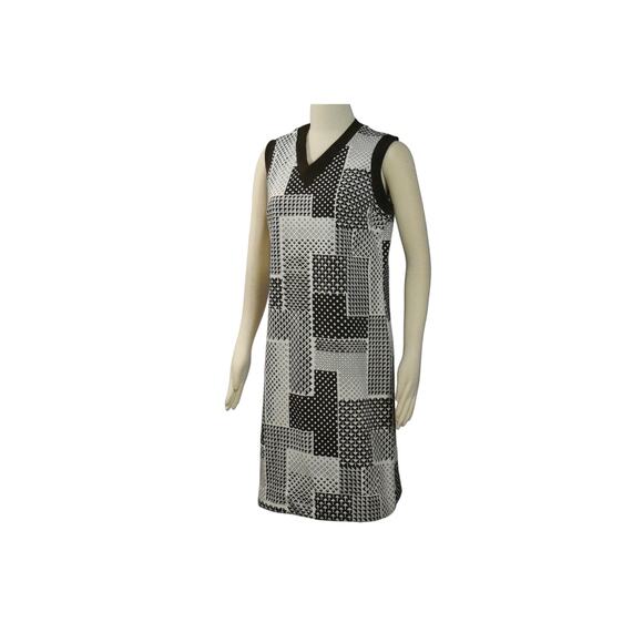 1970s Honeycomb Brand White Brown Polyester Geometric Print Sleeveless Dress - Picture 2 of 8